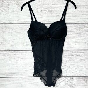 NWOT Black Fuchsia Sheer Lace Polkadot Push-Up Bodysuit lLngerie Size Medium